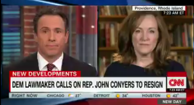 Rep. Kathleen Rice, speaking with Chris Cuomo on the CNN program New Day, reaffirmed her calls for Rep. Conyers to resign on Friday. (Photo from CNN)