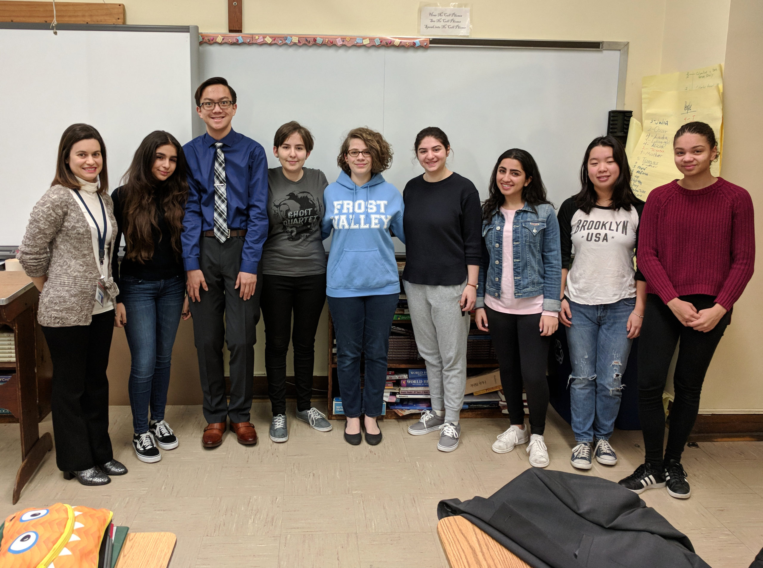 North High French teacher Ms. Asvestas congratulates several students who participated in the French Poetry Competition sponsored by the Nassau County Chapter of the American Association of Teachers of French: Adena Etaat, Christopher Lu, Rebecca Hirschhorn, Molly Racsko, Daisy Korman, Daniella Nakash, Chloe Chu, and Nina Phillips. (Photo courtesy of the Great Neck Public Schools)