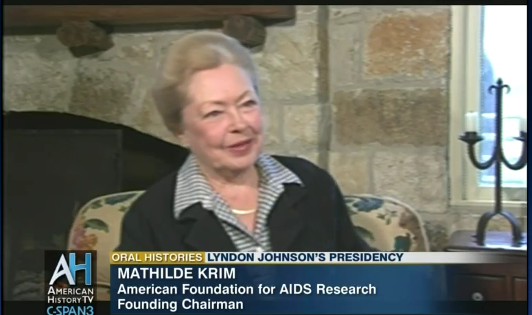 Dr. Mathilde Krim, as seen here in late 2002, recalls the Lyndon Johnson presidency. (Photo still from C-Span)