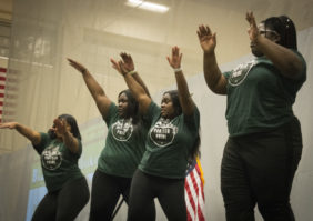 Members of the Delta Sigma Theta Sorority, Inc., perform a step dance. (Photo by Janelle Clausen)