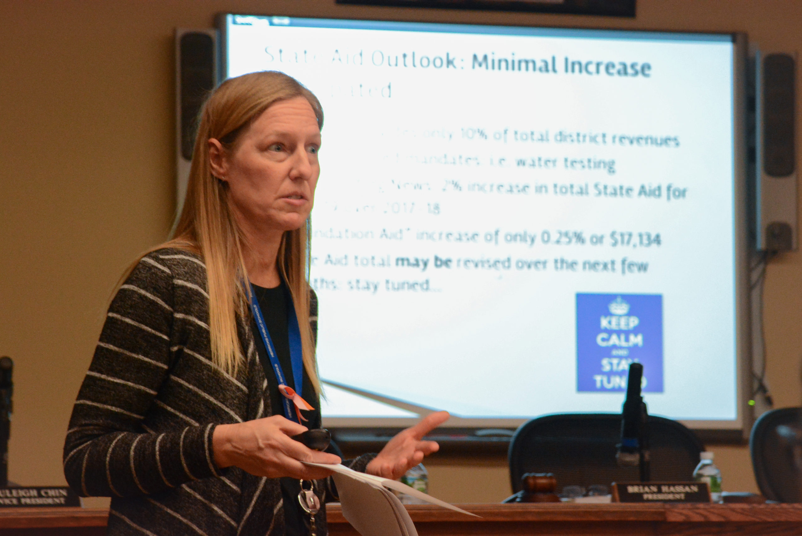 Lisa Rutkoske explains the revenue sources for the Herricks school budget proposal. (Photo by Janelle Clausen)