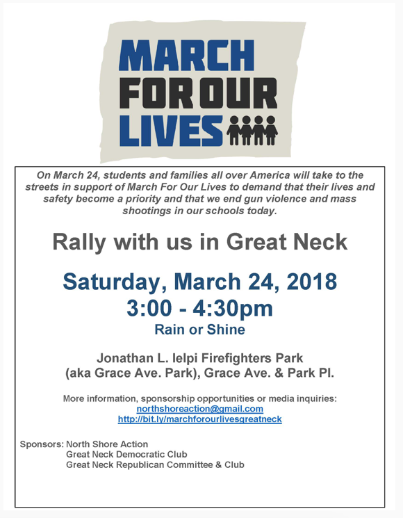 A flyer for the scheduled March for Our Lives rally in Great Neck on March 24. (Photo courtesy of North Shore Action)