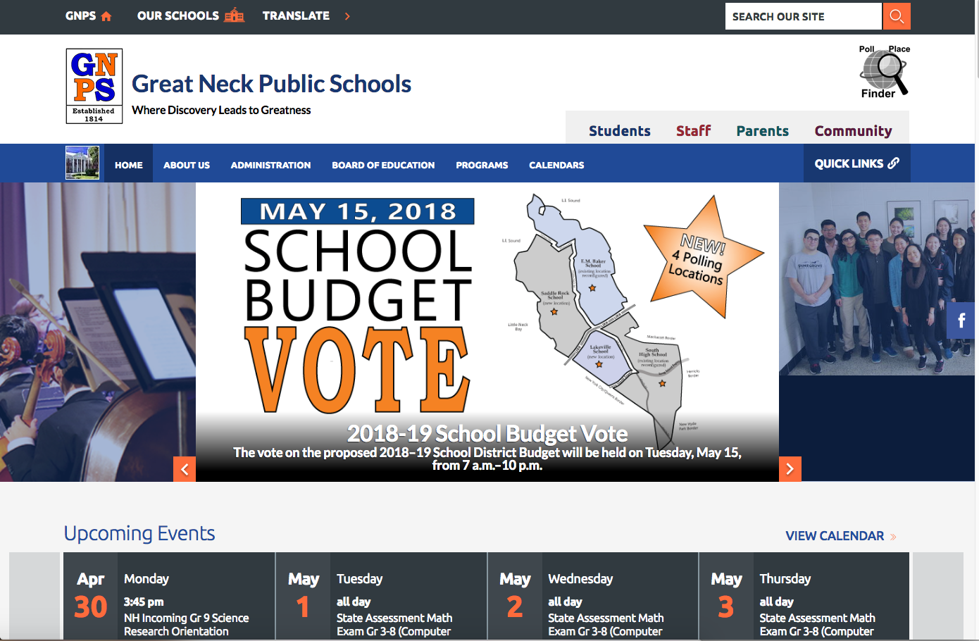 The Great Neck school district website, as seen at 10:52 a.m., underwent a major makeover for its 20th anniversary. (Screenshot by Janelle Clausen)