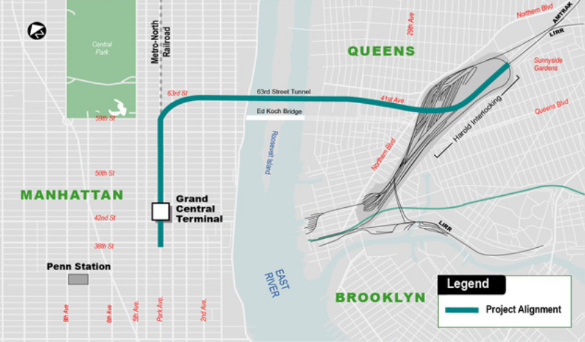 The East Side Access project would connect the LIRR with Grand Central Terminal on the east side of Manhattan. (Map courtesy of the MTA)
