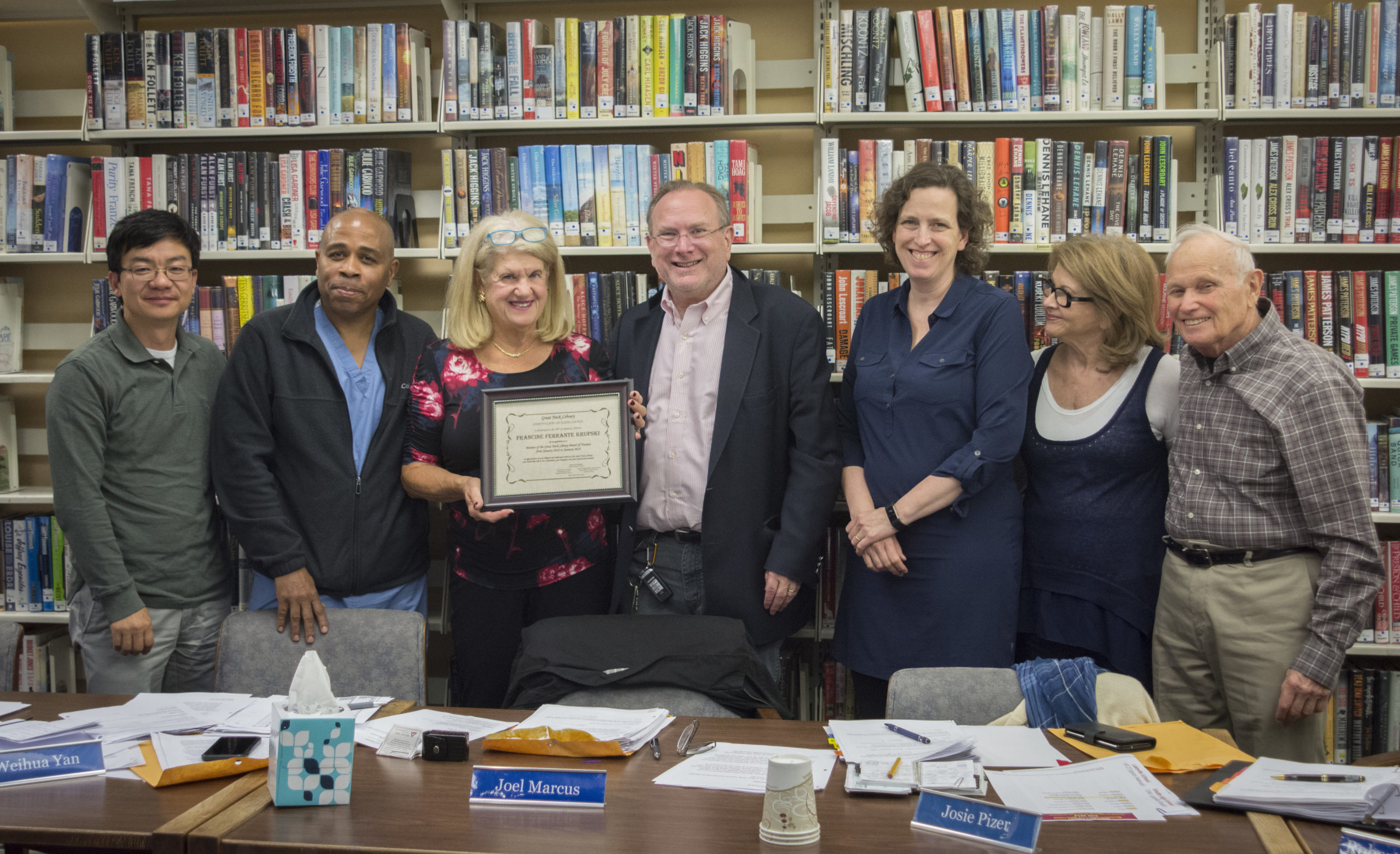 The library board honored Francine Ferrante Krupski, a former trustee, for her years of service on the Great Neck Library Board of Trustees. (Photo by Janelle Clausen)