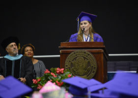 Arianna Vandezande, the valedictorian for the class of 2018, spoke of heroes and overcoming obstacles at commencement. (Photo by Janelle Clausen)