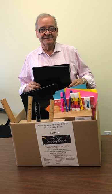 Assemblyman Anthony D’Urso with some of the supplies collected. (Photo courtesy of Assemblyman Anthony D'Urso's office)
