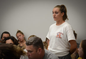 Kelly Trotta asked board members and administrators why they aren't doing what's in the best interest of the girls lacrosse team. (Photo by Janelle Clausen)