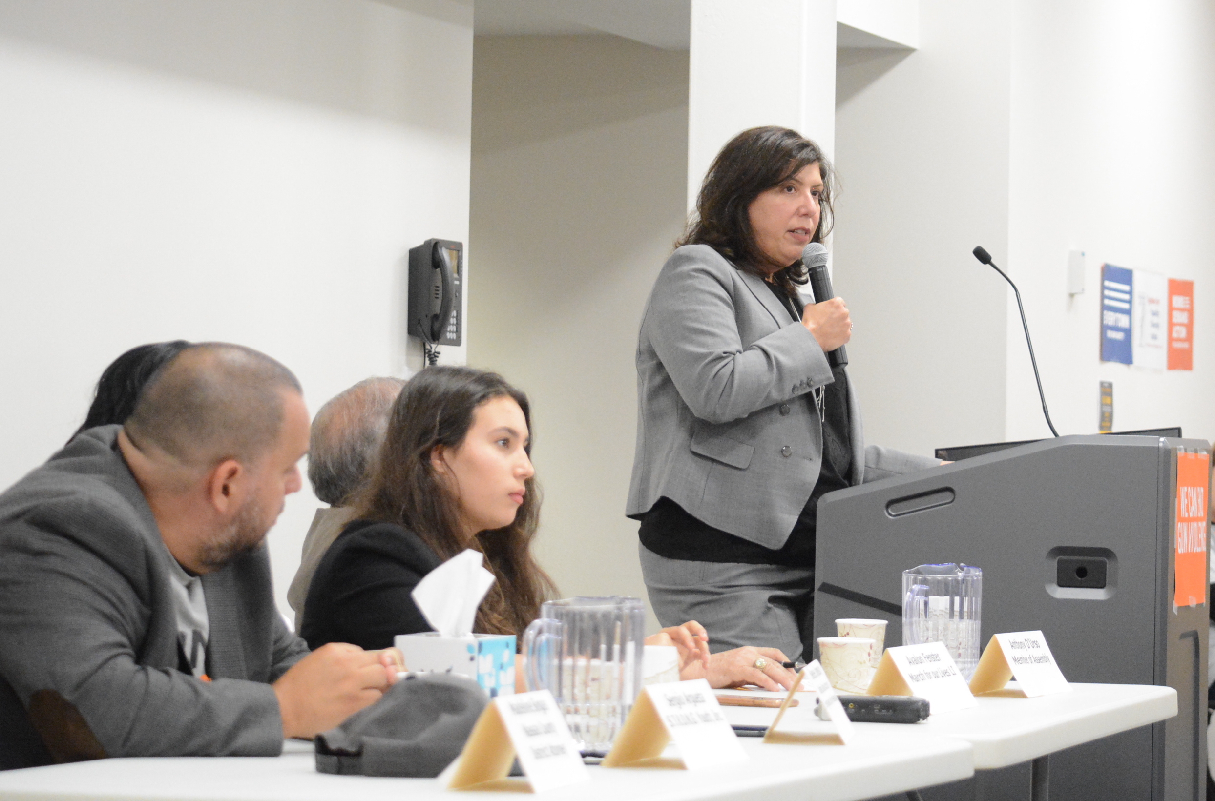 Nassau County DA Madeline Singas and other panelists addressed an audience at a gun violence prevention forum at the Great Neck Library on Thursday. (Photo by Janelle Clausen)