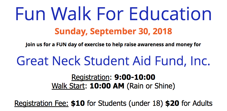 Great Neck Student Aid Fund, Inc. is hosting its first annual Fun Walk for Education on Sunday, Sept. 30. (Photo courtesy of Great Neck Student Aid Fund)