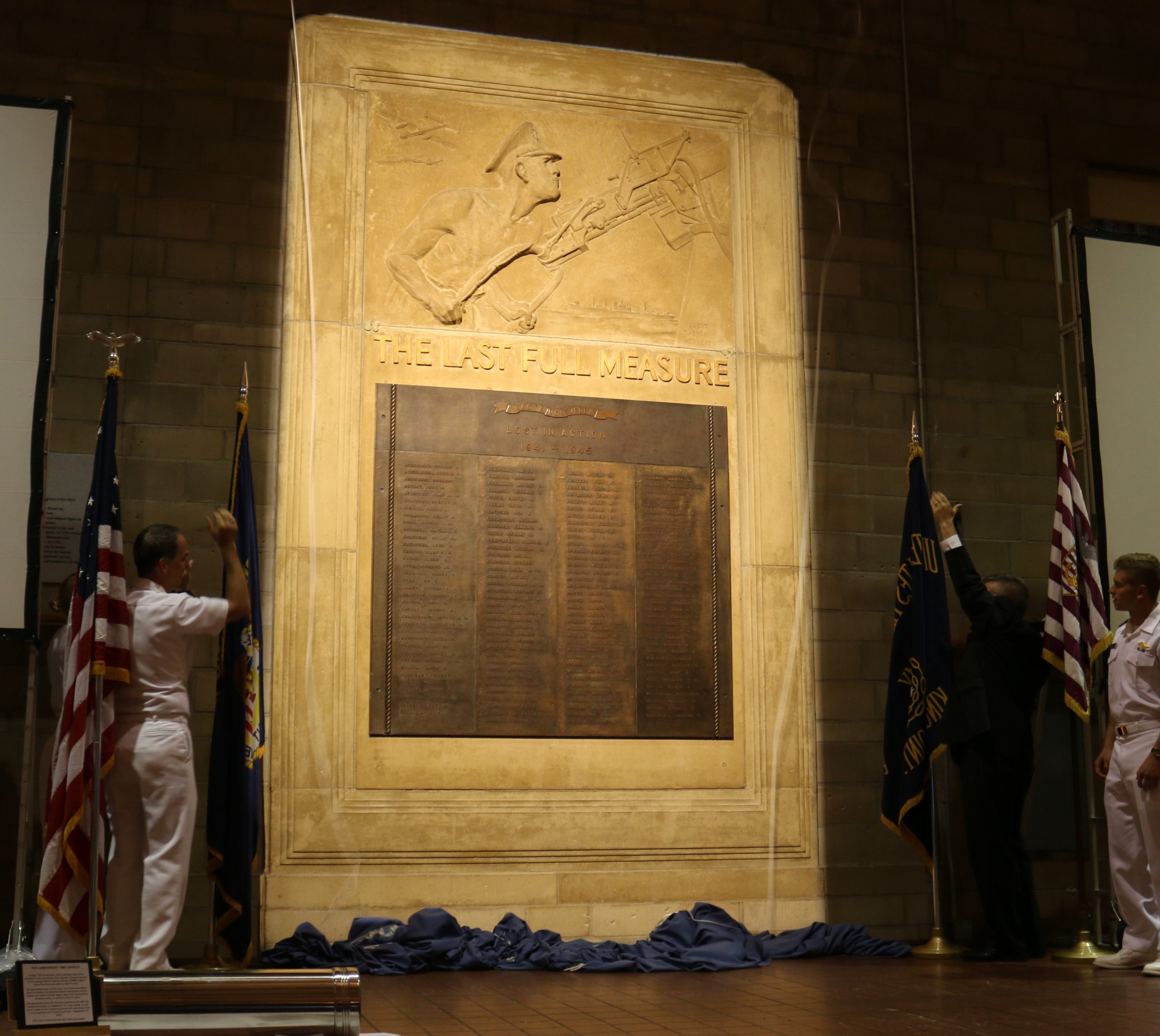 The half-relief called "The Last Full Measure," honoring the 142 Cadet-Midshipmen lost during World War II, was unveiled at USMMA last week. (Photo courtesy of the U.S. Merchant Marine Academy)