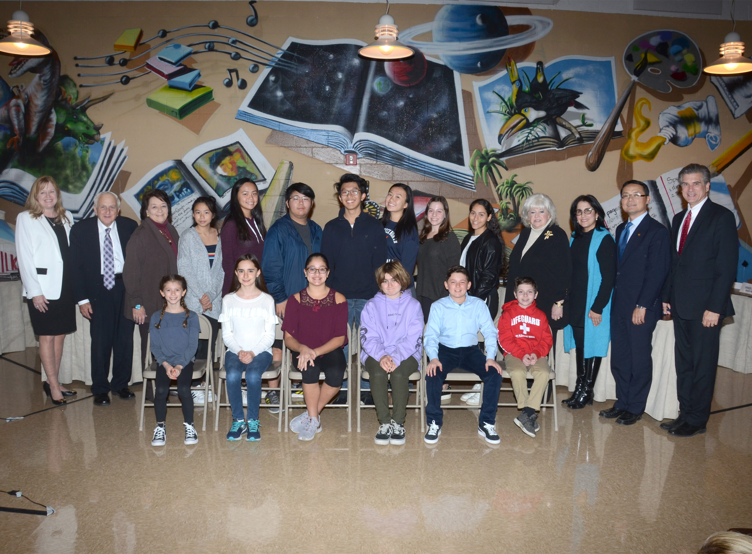 Board of Education student delegates with Board of Education members President Barbara Berkowitz, Vice President Donald Ashkenase, and Trustees Donna Peirez, Rebecca Sassouni, and Jeffrey Shi, along with Superintendent Teresa Prendergast, and Assistant Superintendent Stephen Lando. (Photo by Irwin Mendlinger)