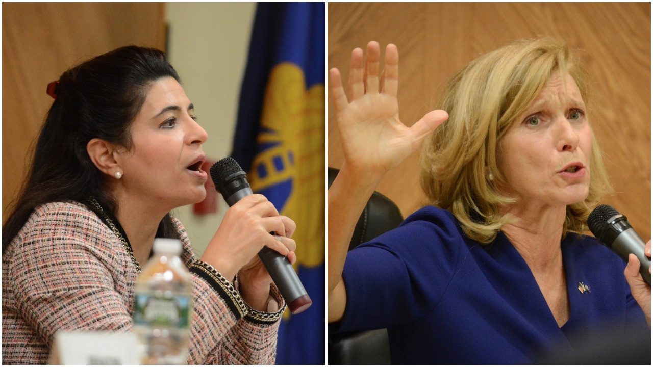 Anna Kaplan and Elaine Phillips defended their respective records on Wednesday night, tackling issues like guns, taxes and one party control. (Photos by Janelle Clausen)
