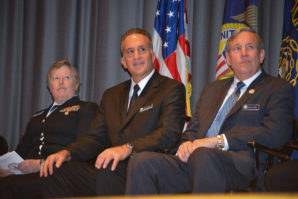 Jack Buono, center, succeeded Rear Adm. Susan Dunlap as superintendent of the U.S. Merchant Marine Academy. He and John Ballard, the academic dean and provost, will lead the school. (Photo by Janelle Clausen)