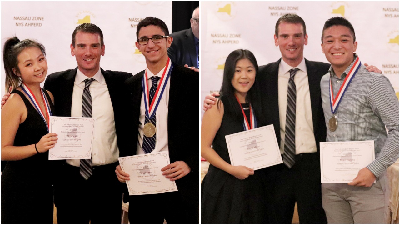 Christina Li and Maor Amar of North High School and Gloria Moon and Ryan Concha of South High are congratulated by Charles Rizzuto, the president of Nassau Zone. (Photos by Dorothy Niemira and Ryan Fisk)