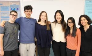 Roslyn High School’s research students named Scholars by the Regeneron Science Talent Search are Justin Schiavo, Brandon Lee, Lindsey Rust, Adrian Ke and Mayeesa Rahman. They are pictured here with Roslyn's research coordinator Allyson Weseley. (Photo courtesy of the Roslyn Public Schools)