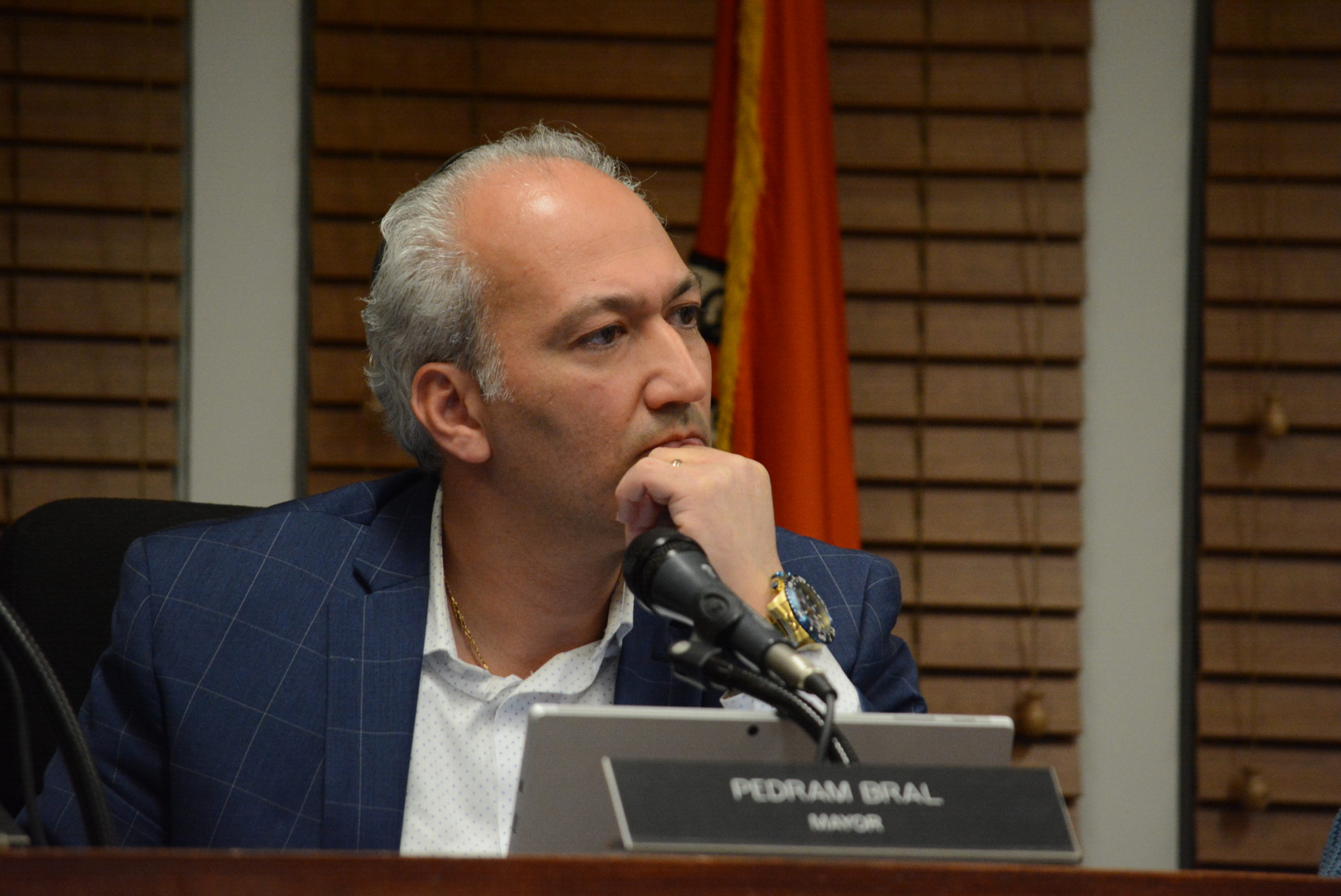 Great Neck Village Mayor Pedram Bral at Tuesday night's meeting. (Photo by Janelle Clausen)
