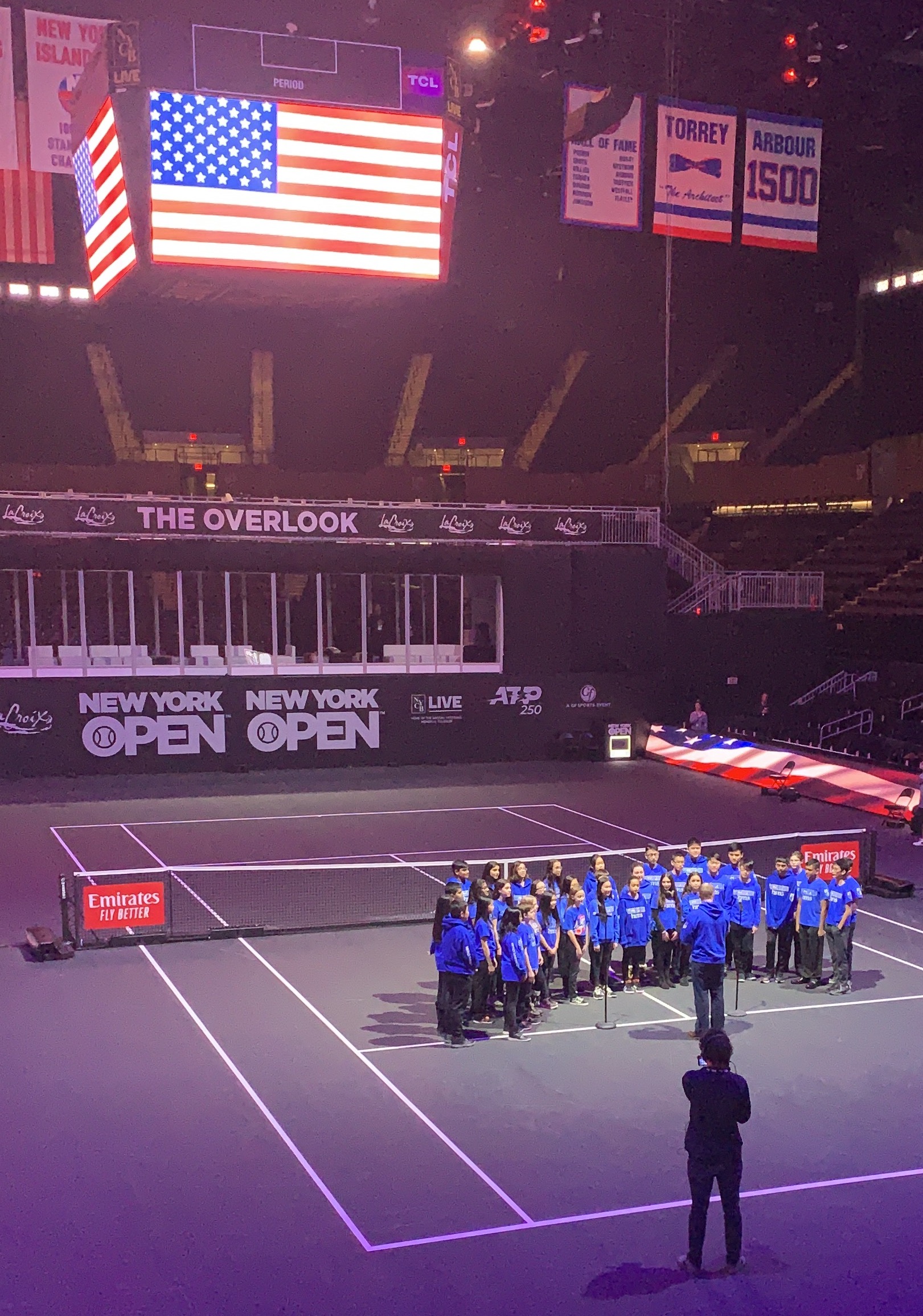 Herricks Middle School's Chamber Choir performed the National Anthem at Nassau Coliseum for the New York Open Tennis Tournament. (Photo courtesy of Herricks Public Schools)