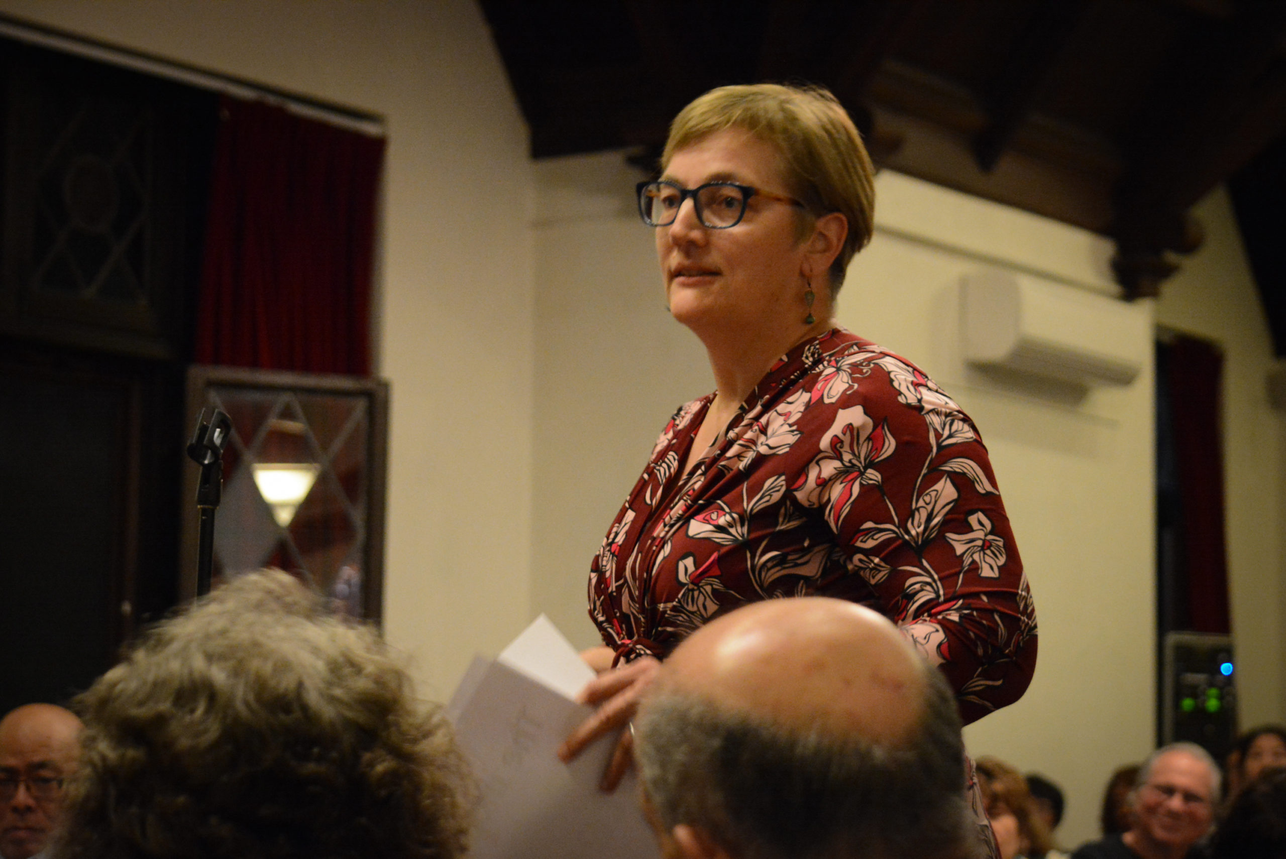 Sabine Margolis, a Thomaston resident, was one of several residents who attended and spoke at a town hall about revitalization for Middle Neck Road on Monday night. (Photo by Janelle Clausen)
