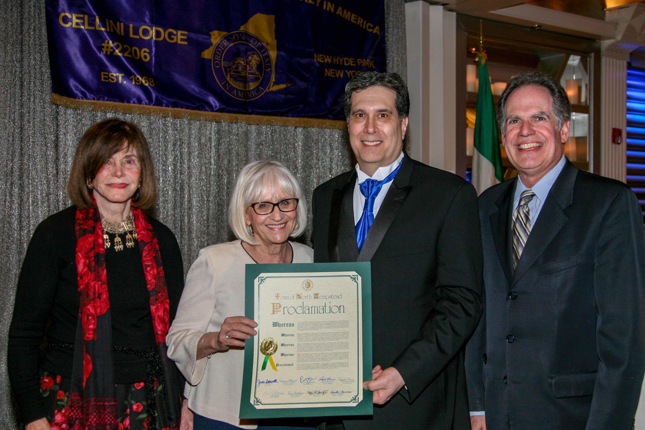 (Left to Right): Council Member Lee Seeman, Supervisor Judi Bosworth, Mark A. Ventimiglia and Receiver of Taxes Charles Berman at the Cellini Lodge #2206’s 51st Anniversary Dinner Dance. (Photo Courtesy of town of North Hempstead)