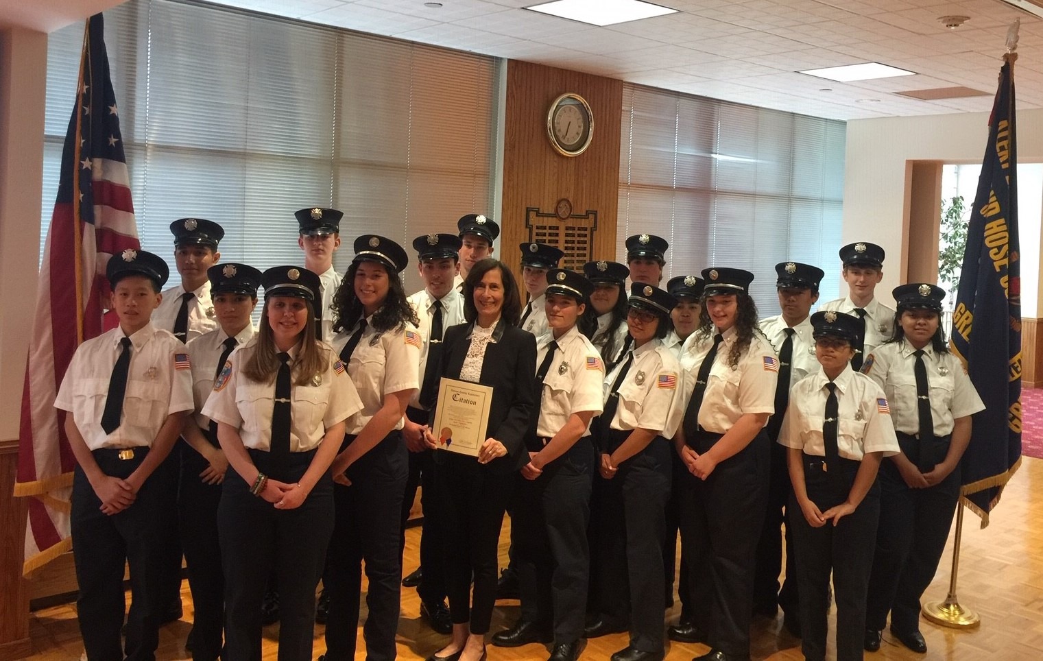 Nassau County Legislator Ellen Birnbaum congratulated the Great Neck Alert Junior Firefighters for being recognized as the top program of its kind in the state. (Photo courtesy of Nassau County Legislator Ellen Birnbaum's office)