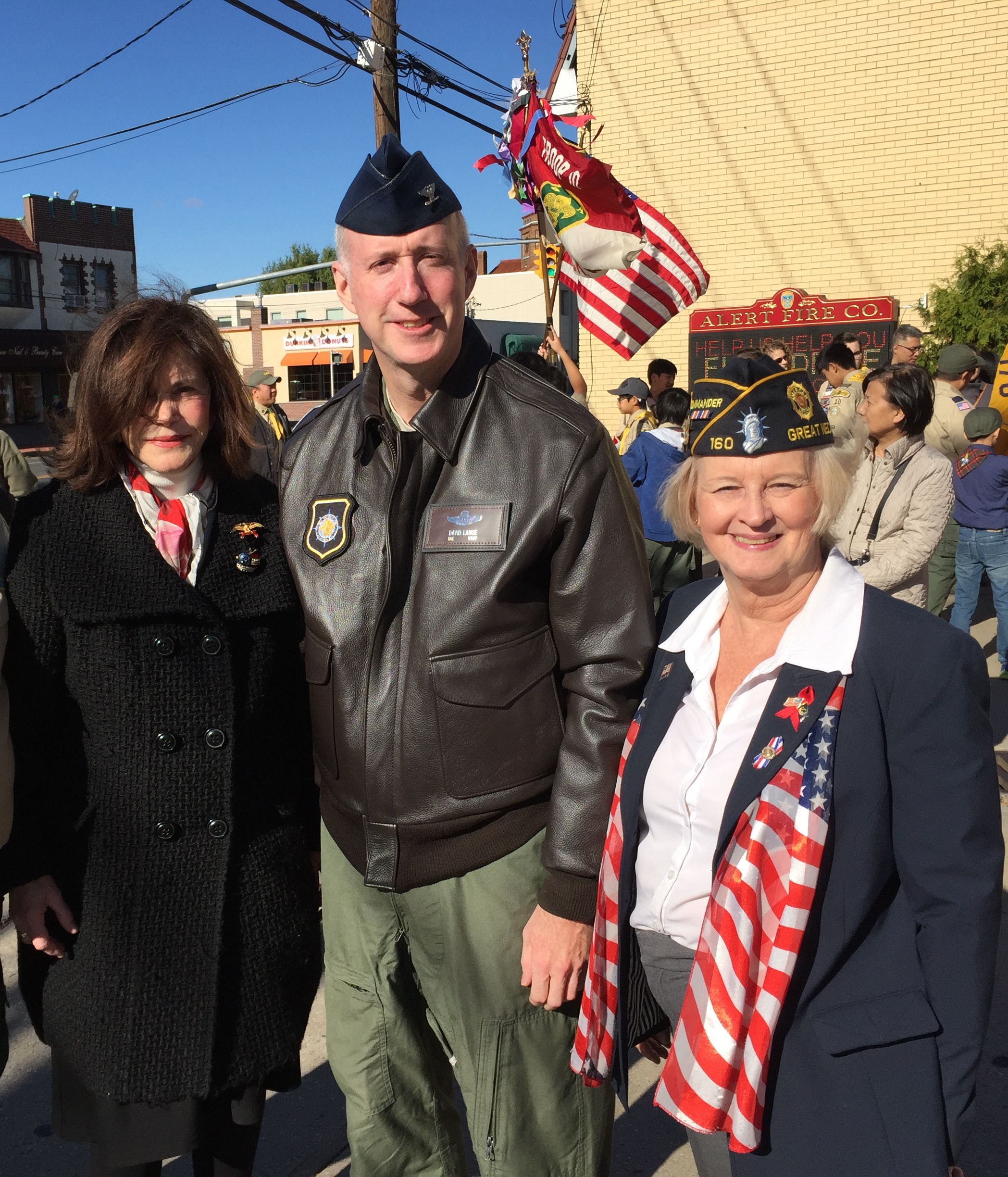 Councilwoman Lee Seeman, Grand Marshal Col. David M. Lange, and Great Neck Parade Committee Chair Louise McCann.