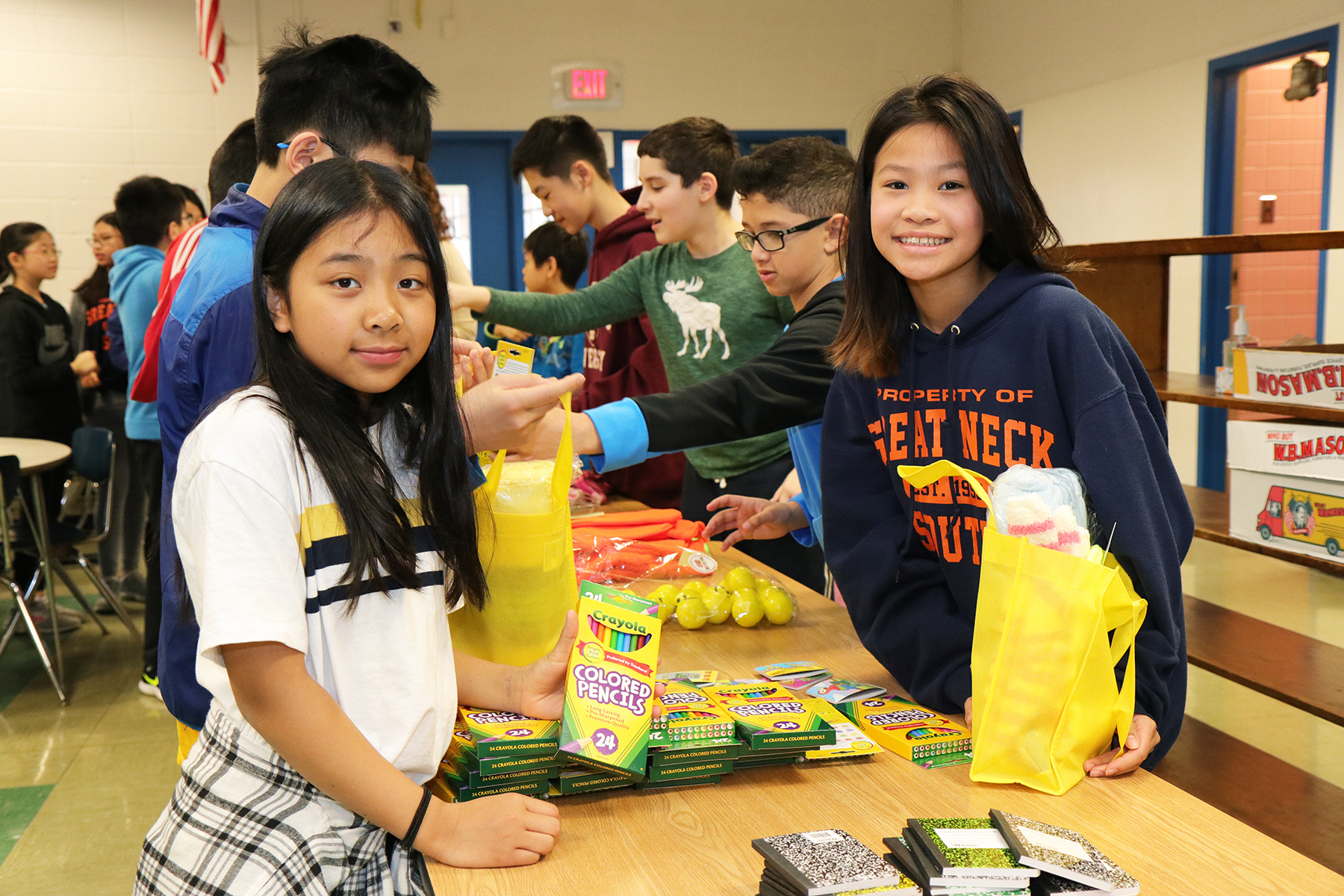 South Middle sixth graders assemble chemo care kits for pediatric cancer patients through the charity Golden Heroes. (Photo courtesy of Great Neck Public Schools)