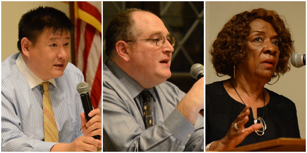 James Wu, Harold Citron and Julia Shields introduced themselves to prospective Great Neck voters at a candidates forum on Tuesday night. (Photos by Janelle Clausen)