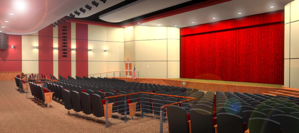 A 2017 rendering of the interior of a new auditorium for E.M. Baker Elementary School pitched in 2017 as part of a $68.3 million bond referendum. (Photo courtesy of Great Neck Public Schools)