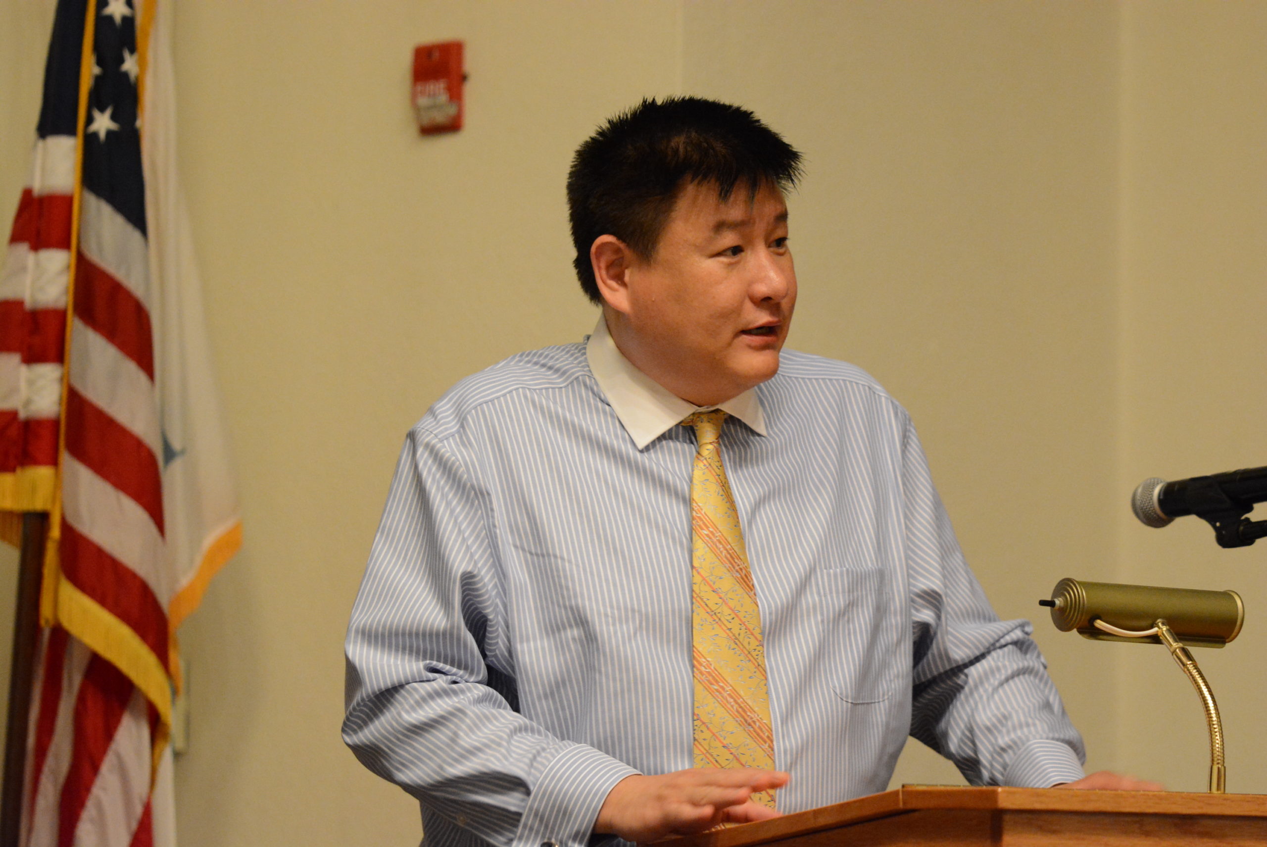 James Wu, as seen here at a Meet the Candidates event in May, said the candidate swap was necessary and not a first in the village. (Photo by Janelle Clausen)