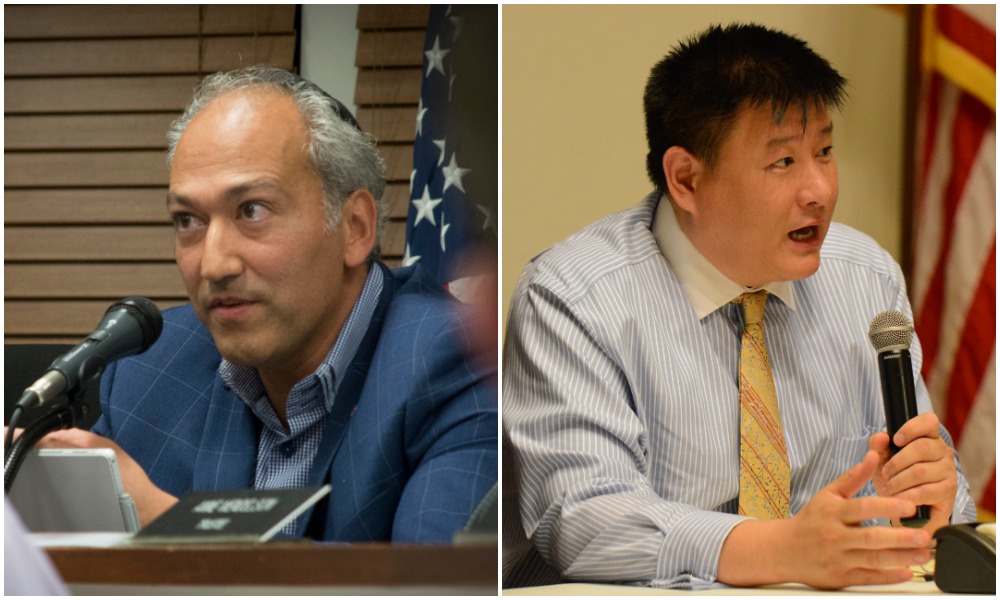 Great Neck Village Mayor Pedram Bral, seen here at a previous meeting, and James Wu, seen at a meet the candidates night last month, appear slated to be at two different events. (Photos by Janelle Clausen)