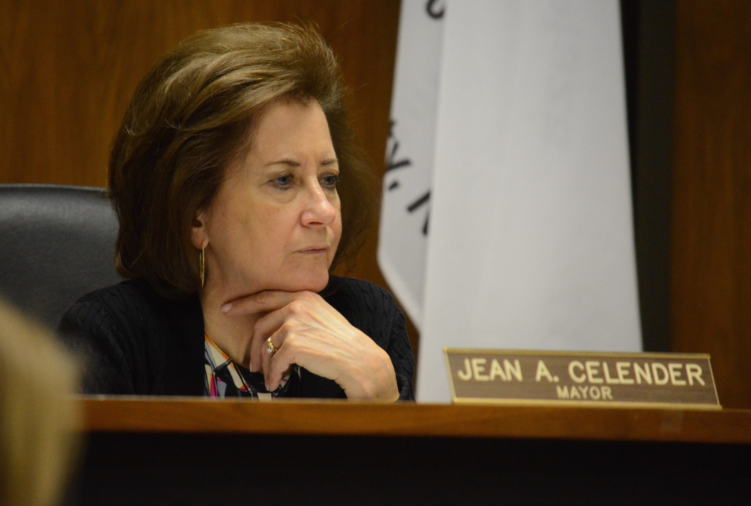 Great Neck Plaza Mayor Jean Celender, seen here at a previous meeting, said she believes the contractor for the transportation enhancement project – or TEP – is working in good faith and will get the project done by Aug. 16. (Photo by Janelle Clausen)