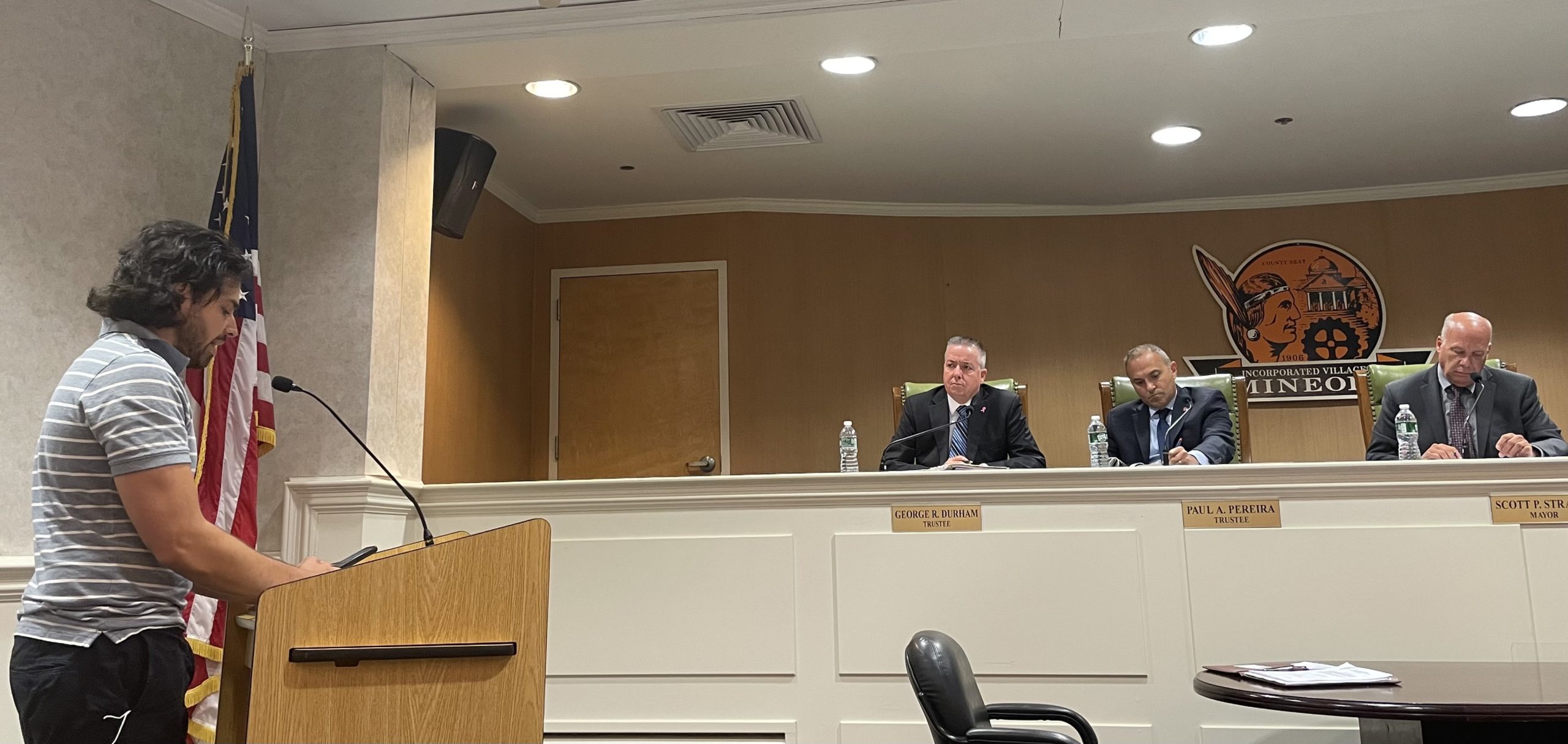 Mineola trustees reserved their decision during a public hearing over allowing the retail sale of cannabis in the village. (Photo by Brandon Duffy)